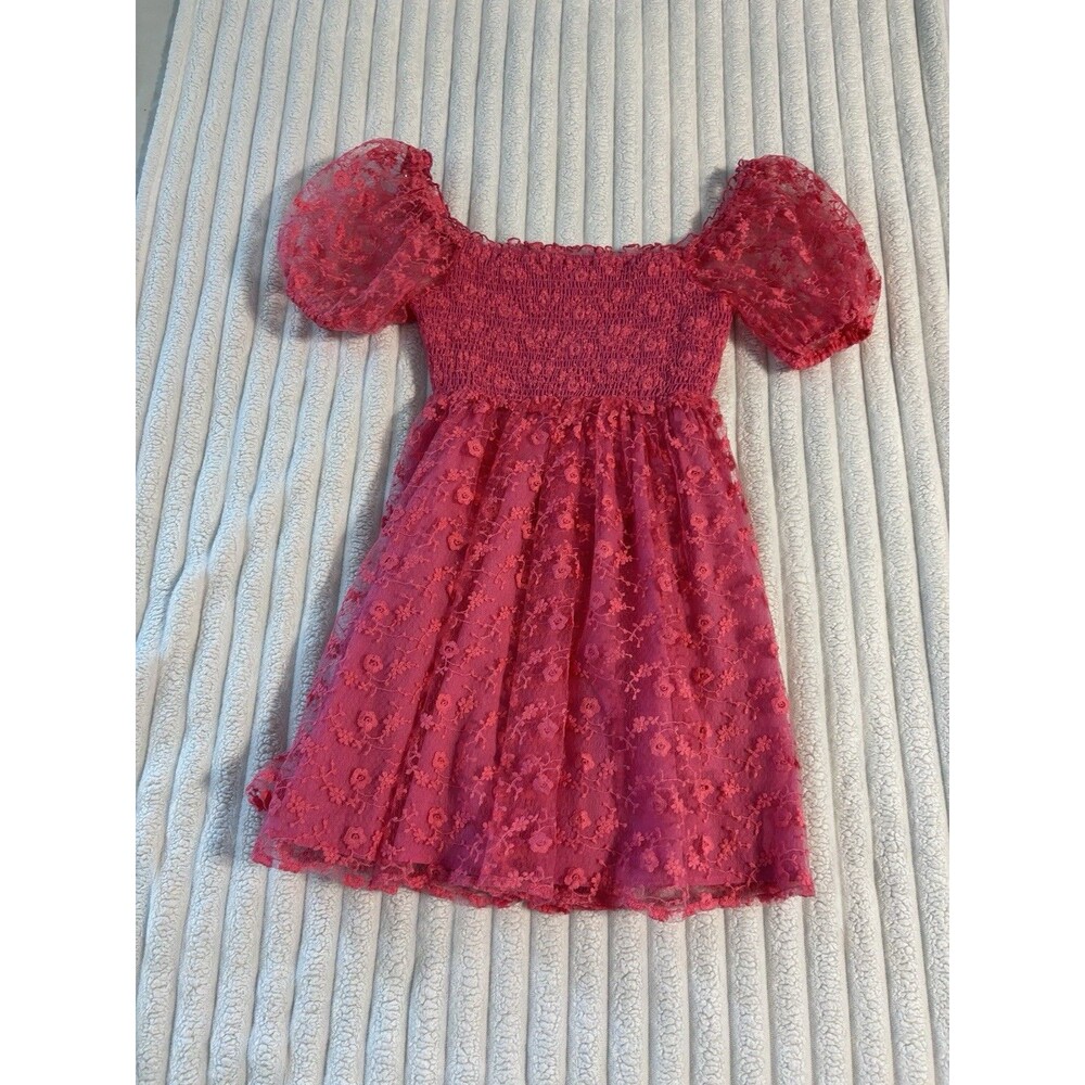 Main Strip Puffed-Sleeve Babydoll Dress Women's Small Hot Pink Floral Lace Girly